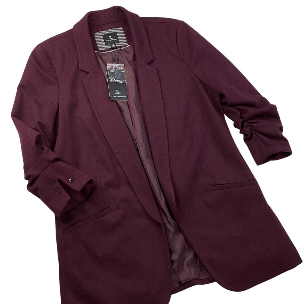 Jules & Leopold Blazer Womens L Burgundy Ruched Sleeve Open Front Career NWT